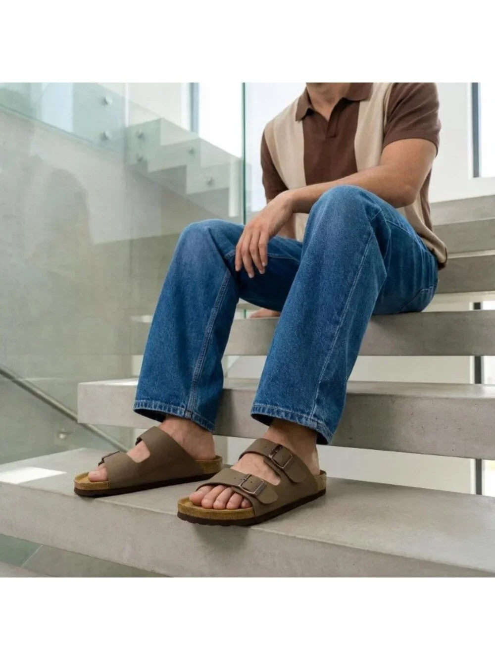 Men's Brown Lane Cork Footbed Sandals Adjustable Buckle Comfort Slides